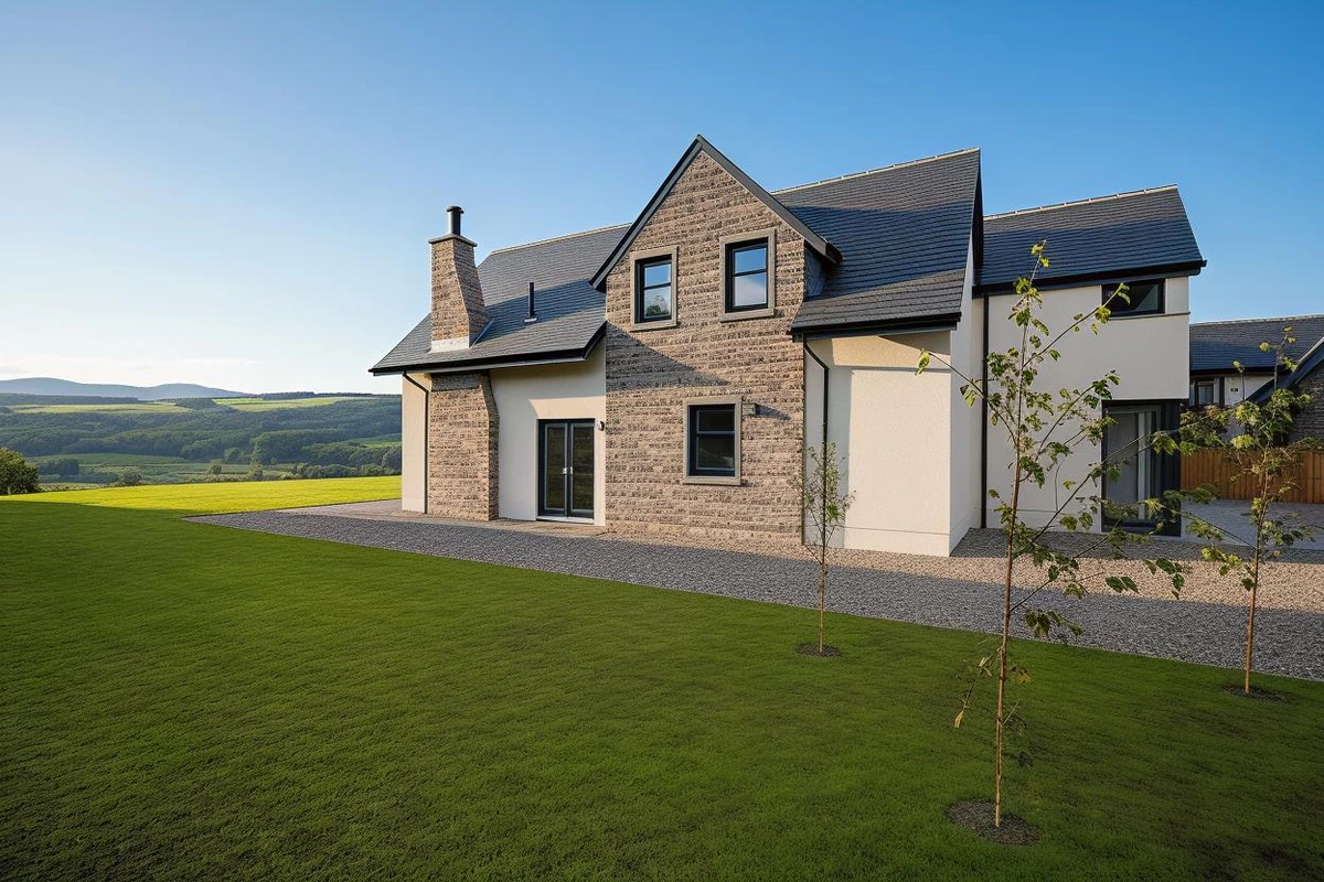 New build rural housing development with traditional pitched roofs, stone and rendered elevations, landscaped gardens and views towards the surrounding countryside