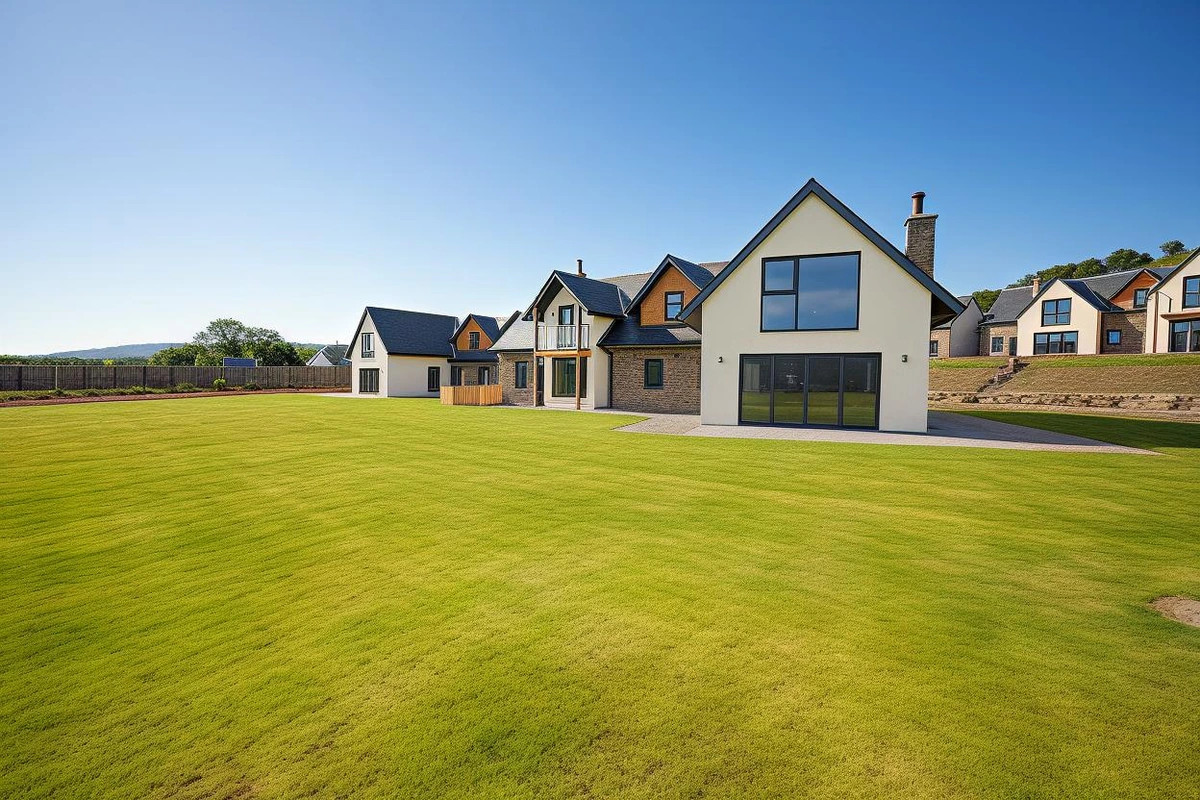 New build country house featuring natural stonework, rendered walls, timber detailing and a glazed first-floor balcony overlooking the surrounding landscape
