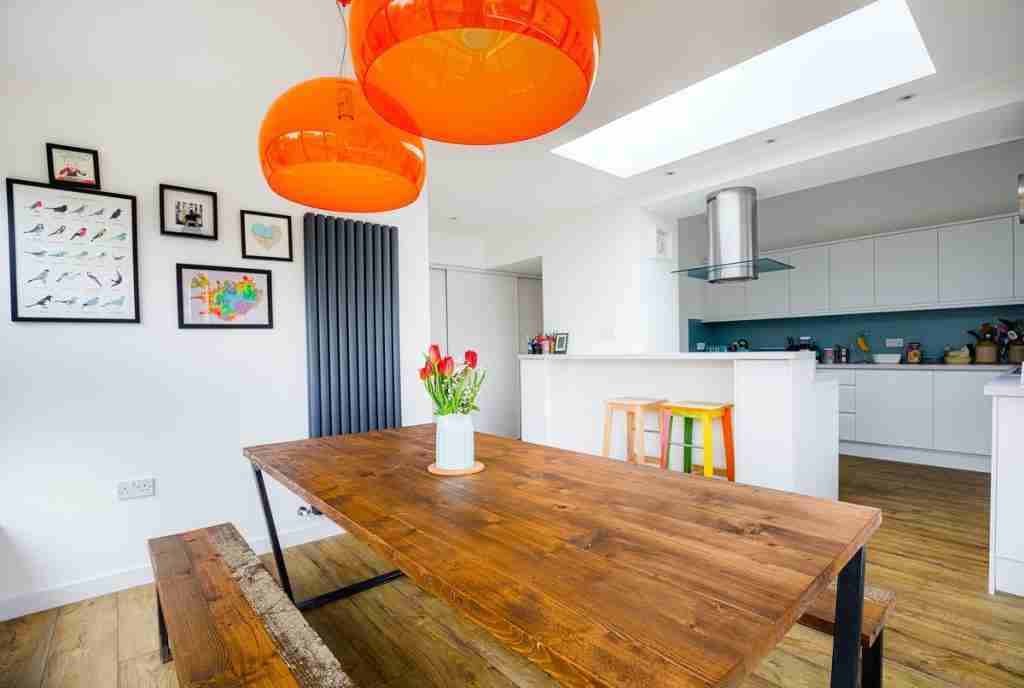 Contemporary kitchen and dining space within a renovated Victorian home in Glasgow