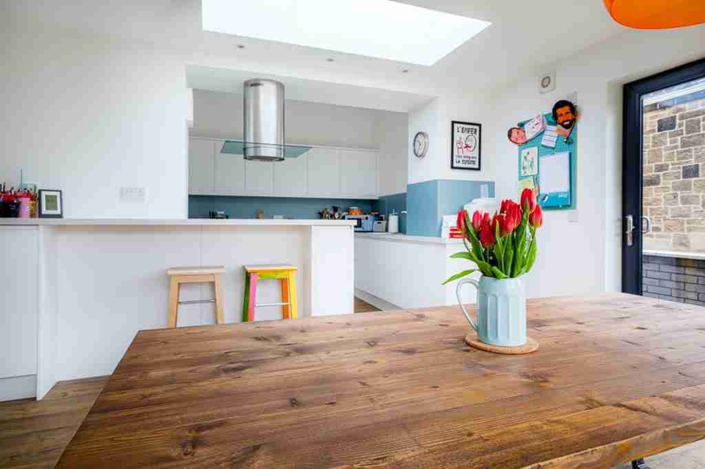 Bright open-plan kitchen and dining area created as part of a Jordanhill house extension