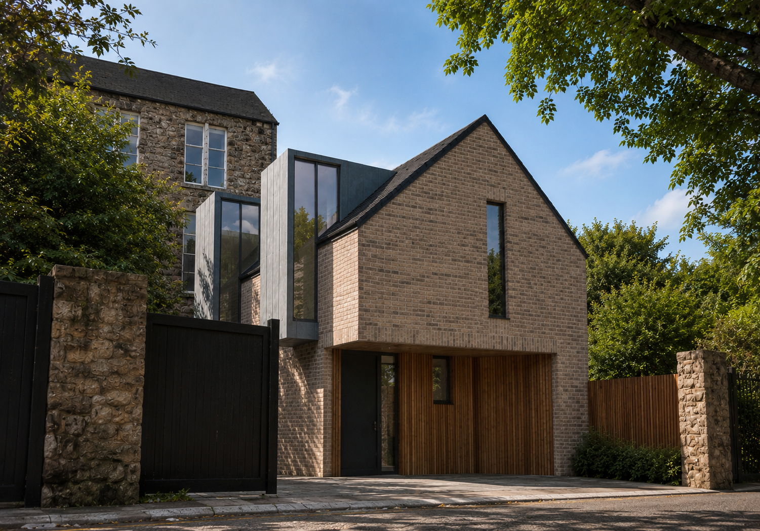 Modern mews house designed within a traditional Glasgow setting, combining pale brick, stone walls and timber detailing.