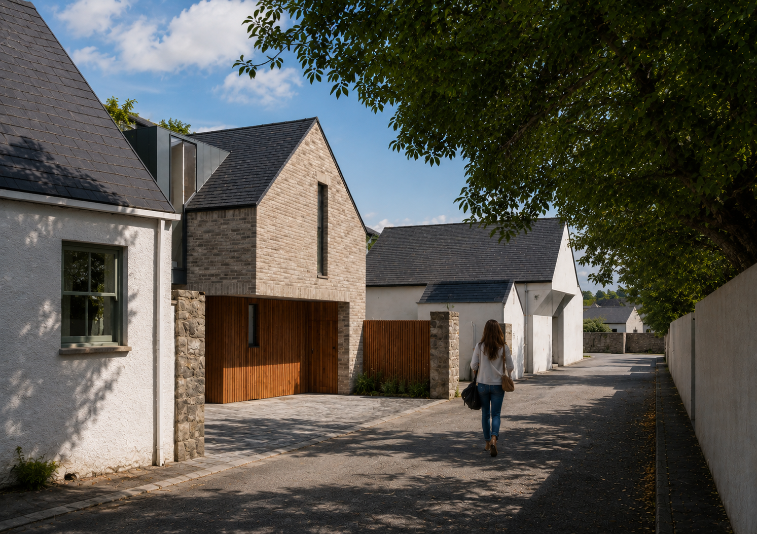 Contemporary mews house in Glasgow with a pale brick gabled façade, slate roof and timber garage doors.