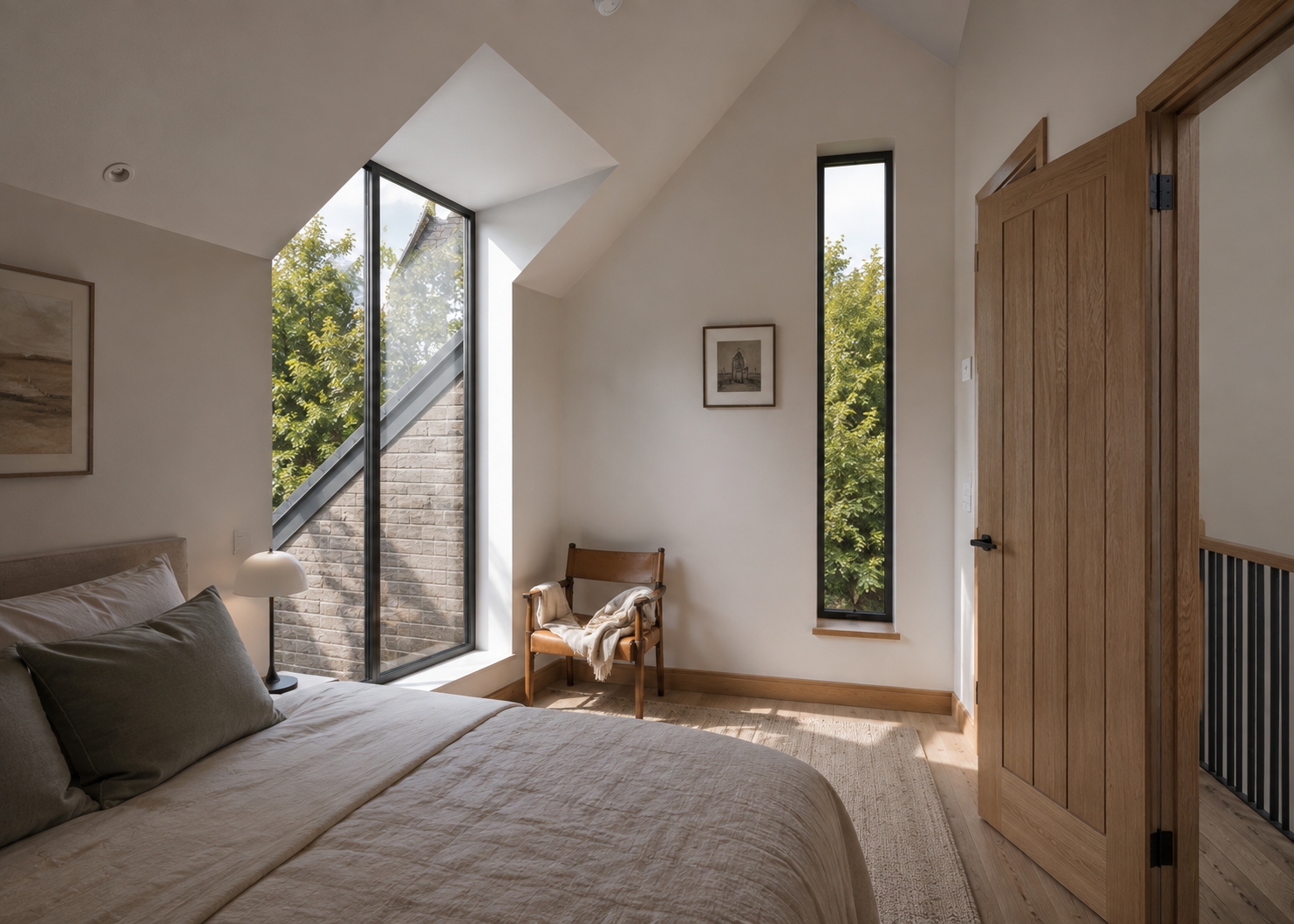 First-floor bedroom within a contemporary Glasgow mews house featuring a side dormer, rooflight and views towards surrounding greenery.