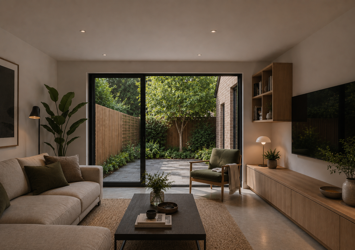 Contemporary living room in a Glasgow mews house overlooking a landscaped garden through large sliding glass doors.