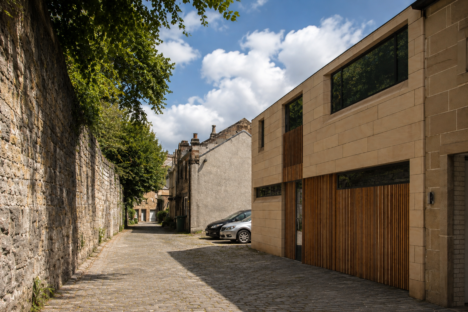 Contemporary mews house in Glasgow viewed from a low angle, showing sandstone cladding, timber screens and the pitched zinc roof.