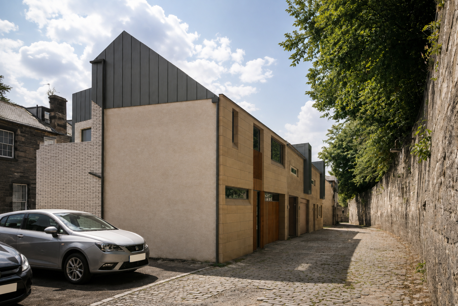Modern Glasgow mews house within a traditional cobbled lane, combining sandstone, timber and dark metal detailing with surrounding historic buildings.