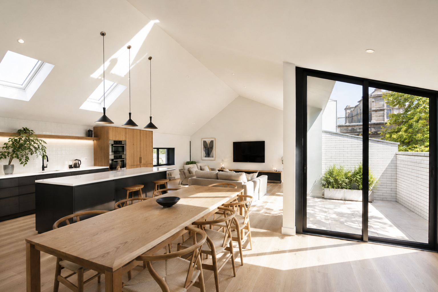 Contemporary kitchen and dining area within a Glasgow mews house, with timber cabinetry, kitchen island, pendant lighting and a sloping ceiling with rooflights.