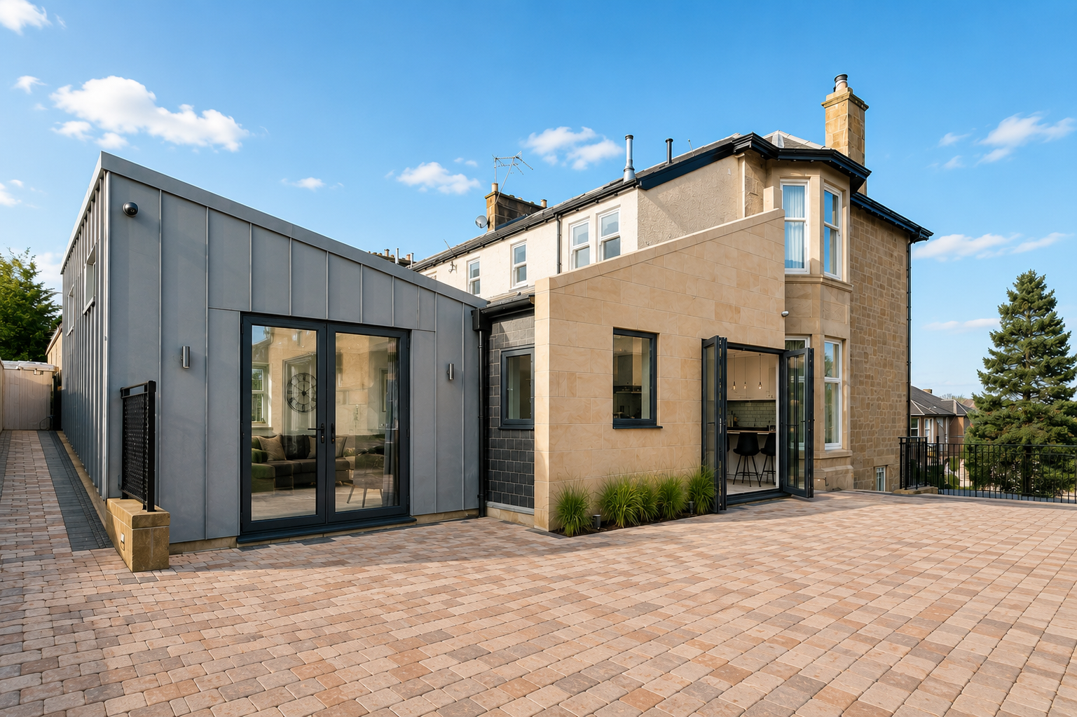 Contemporary rear house extension in Cambuslang with natural stone walls, dark cladding and glazed doors