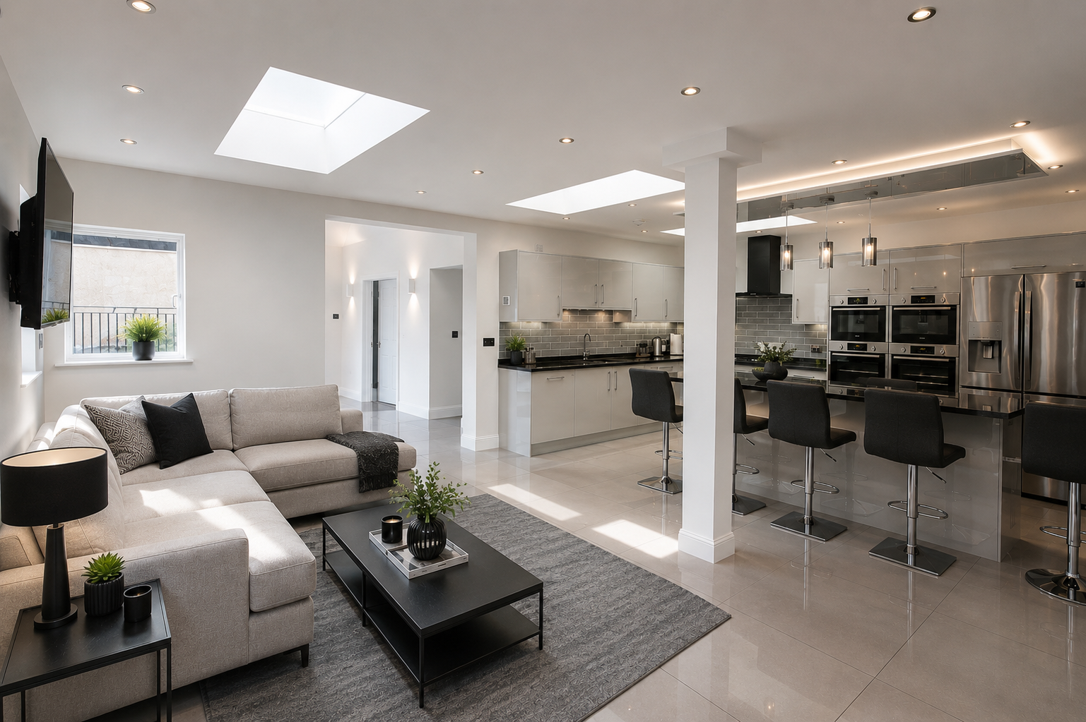 Open-plan kitchen and living space created by a house extension in Cambuslang with contemporary fitted furniture