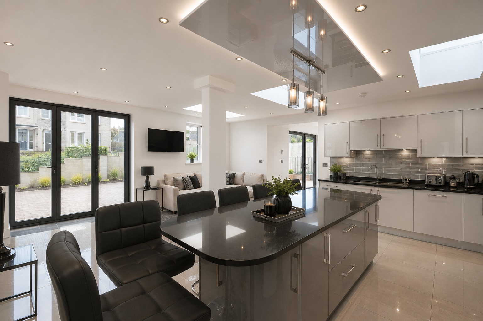 Contemporary open-plan kitchen and dining space within a Cambuslang house extension with rooflights and large glazed doors