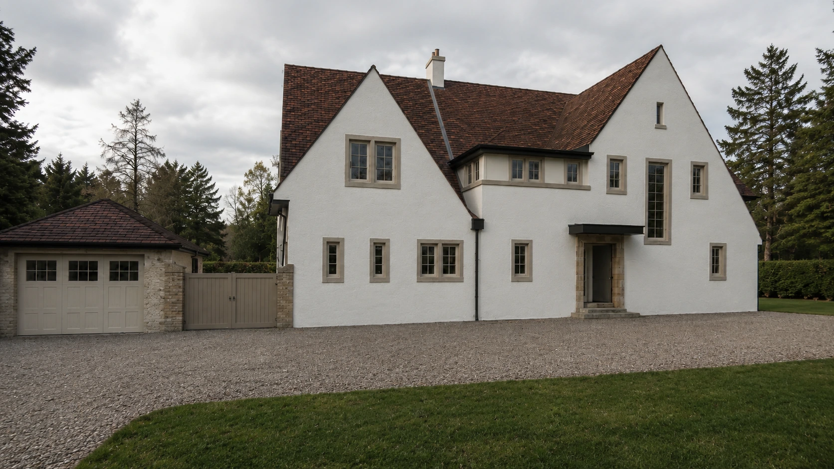 Front entrance elevation of a traditional Arts and Crafts inspired house with white render, stone detailing and red tiled roof in Glasgow
