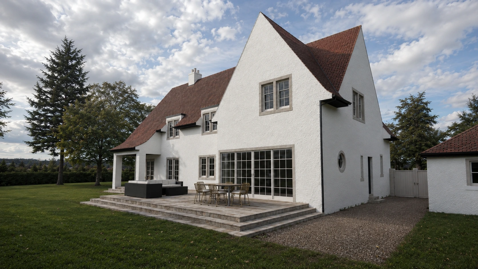 Three-quarter rear view of a traditional white rendered family home with pitched tiled roofs, large windows and garden terrace in Glasgow