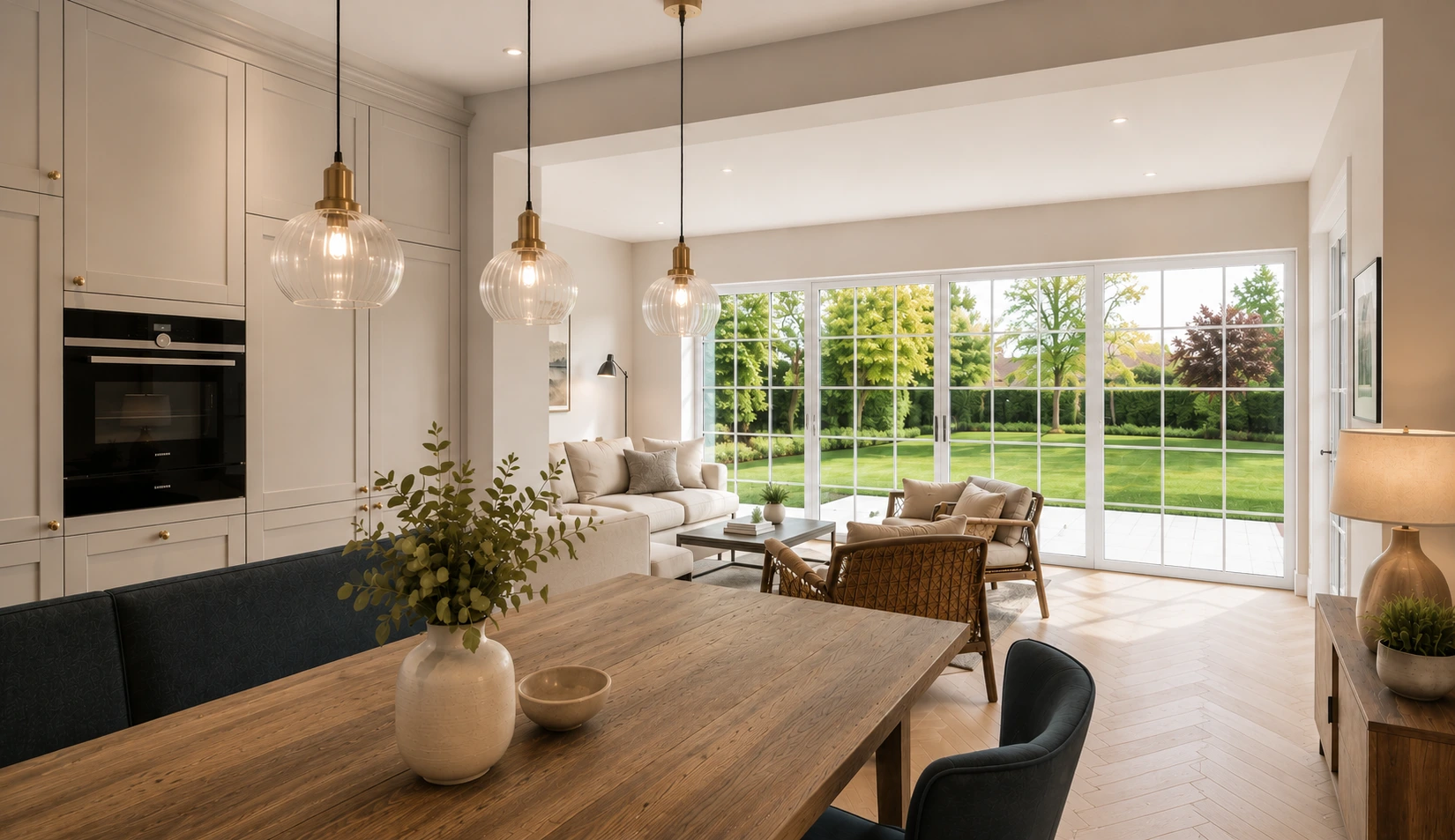 open plan kitchen and dining room with bespoke cream cabinetry, dark timber dining table, pendant lights and garden views in Glasgow