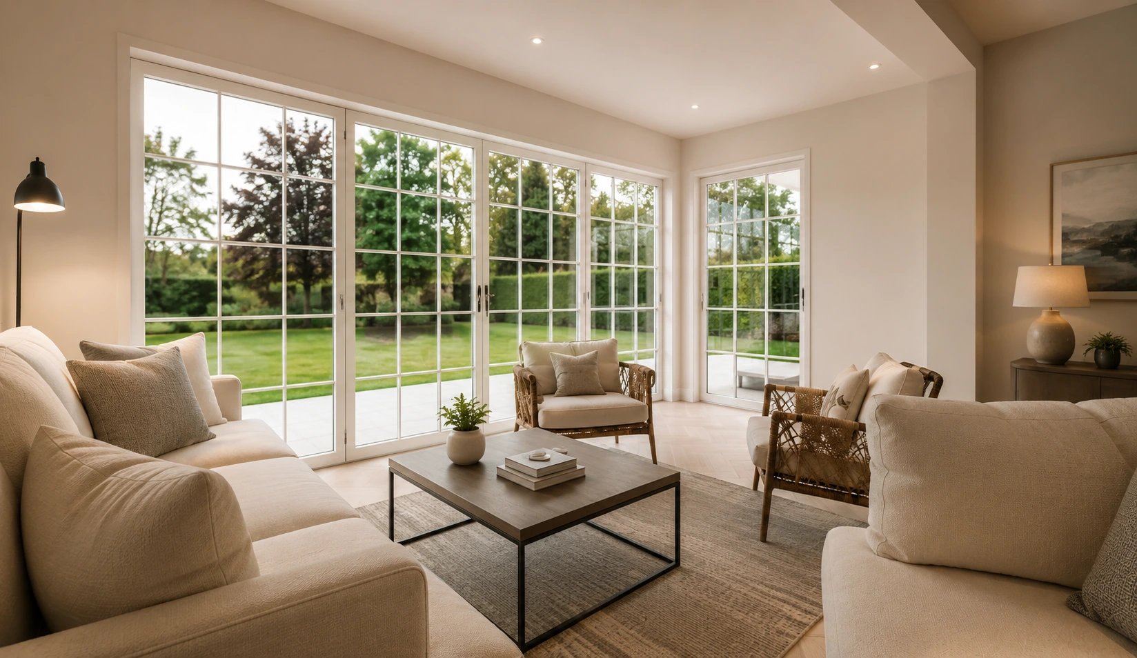 bespoke kitchen with full height cream cabinets, central island, brass fittings, skylight and traditional window overlooking the garden in Glasgow