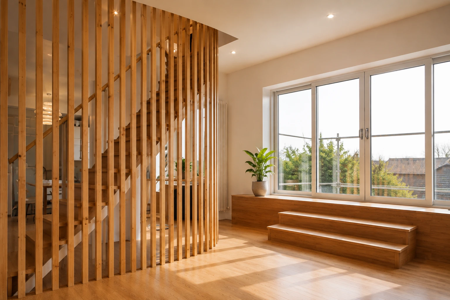 Contemporary timber staircase with vertical timber slatted screen in an open-plan family home