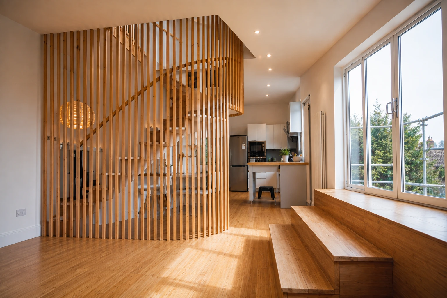 Bespoke timber staircase and vertical slatted screen within an open-plan Glasgow home