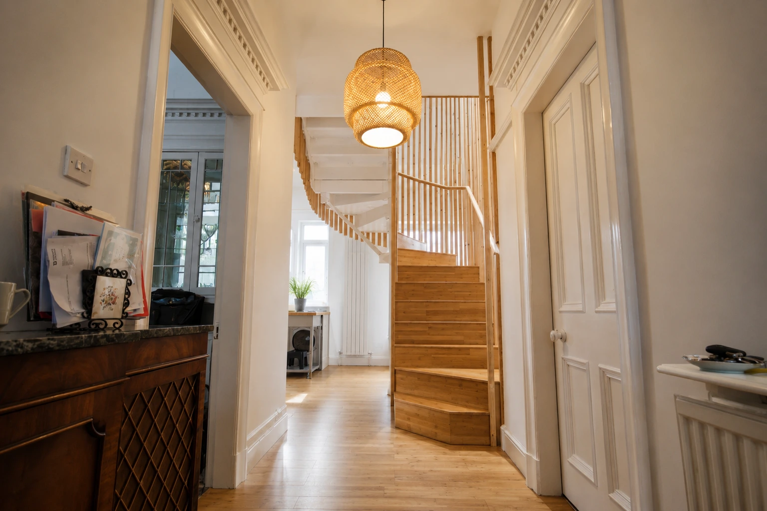 Timber staircase and vertical slatted balustrade beneath a roof skylight
