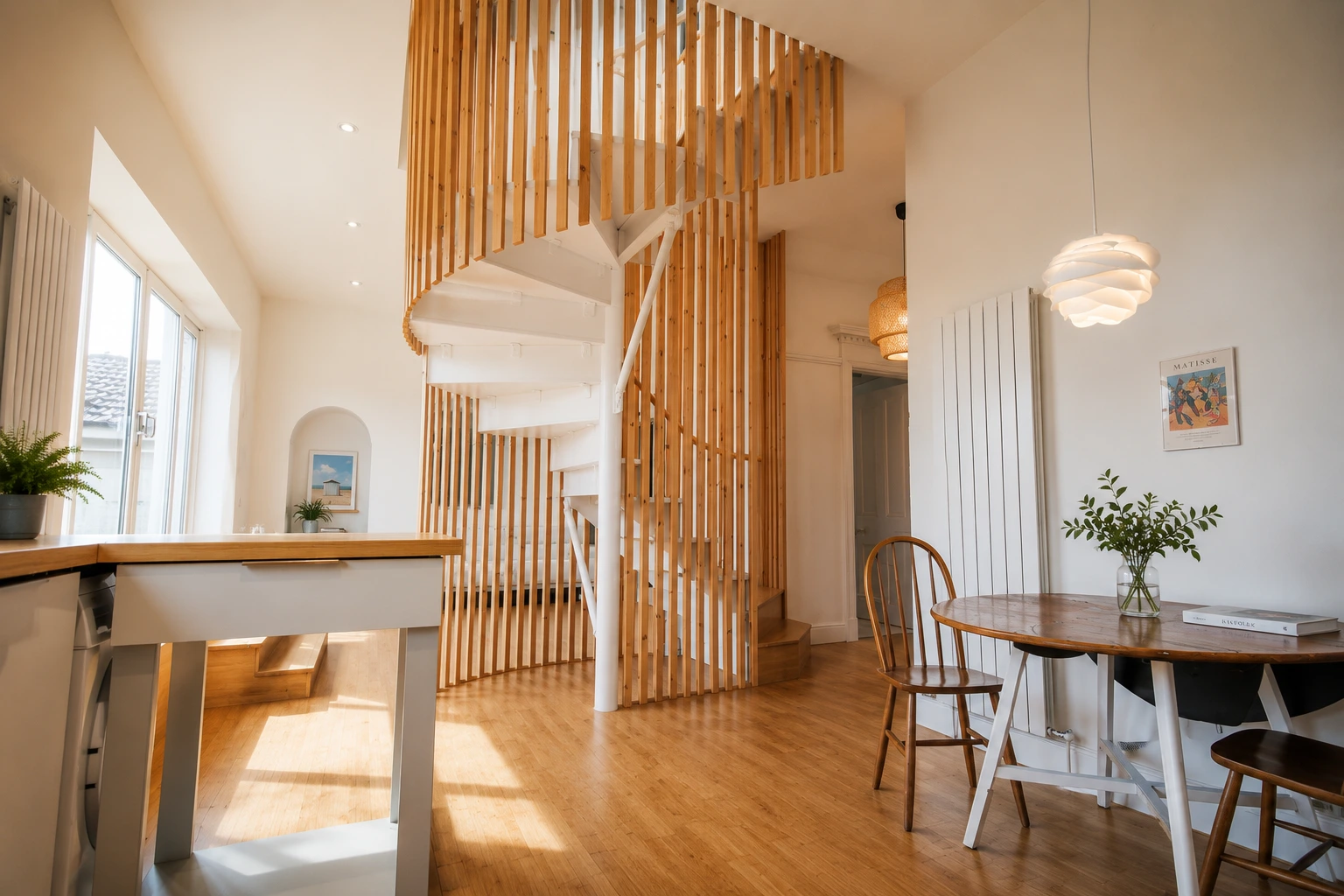 Bespoke timber staircase with vertical slatted screen connecting kitchen and dining areas