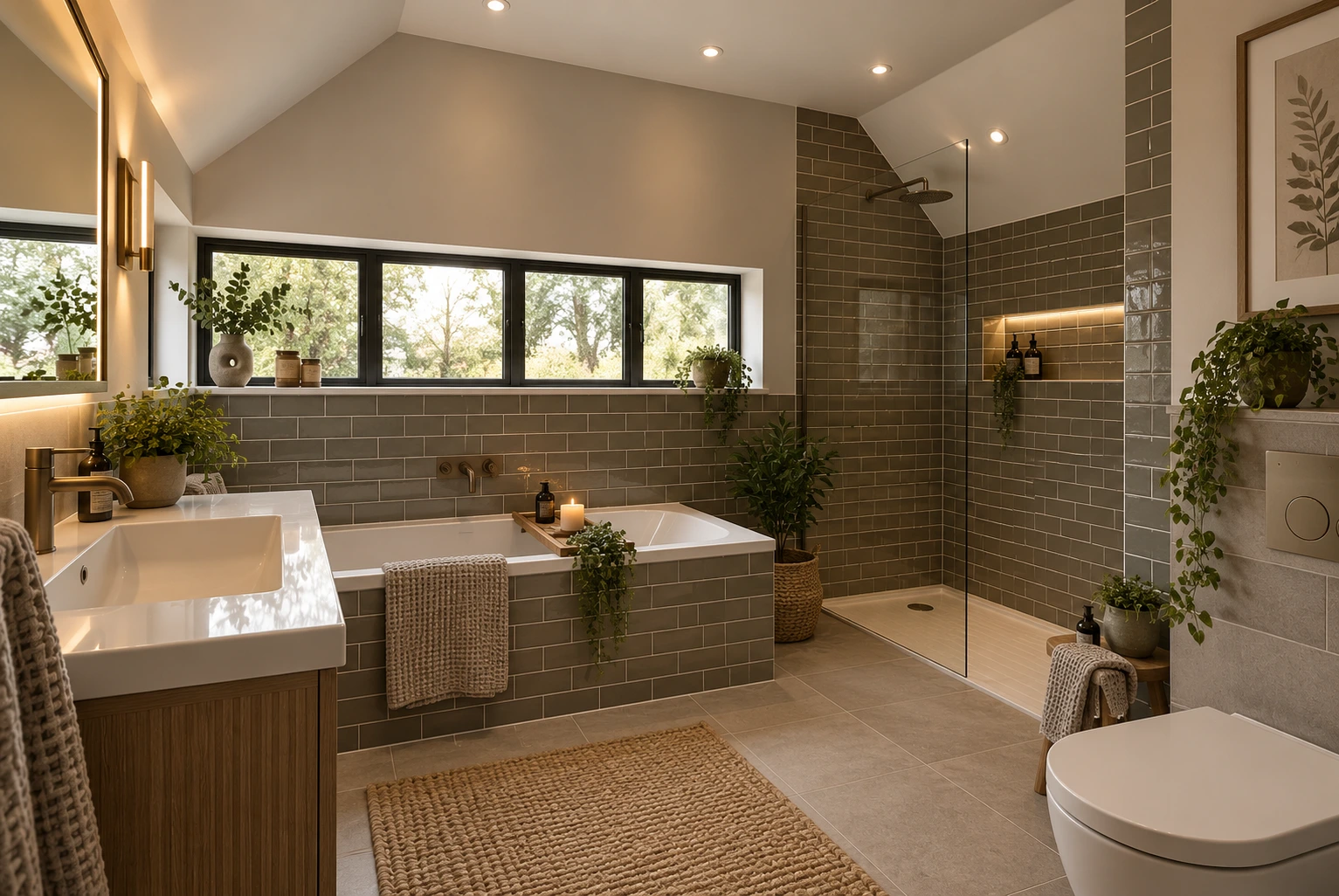 Contemporary bathroom with walk-in shower, freestanding bath, dark tiled walls, feature lighting and natural finishes