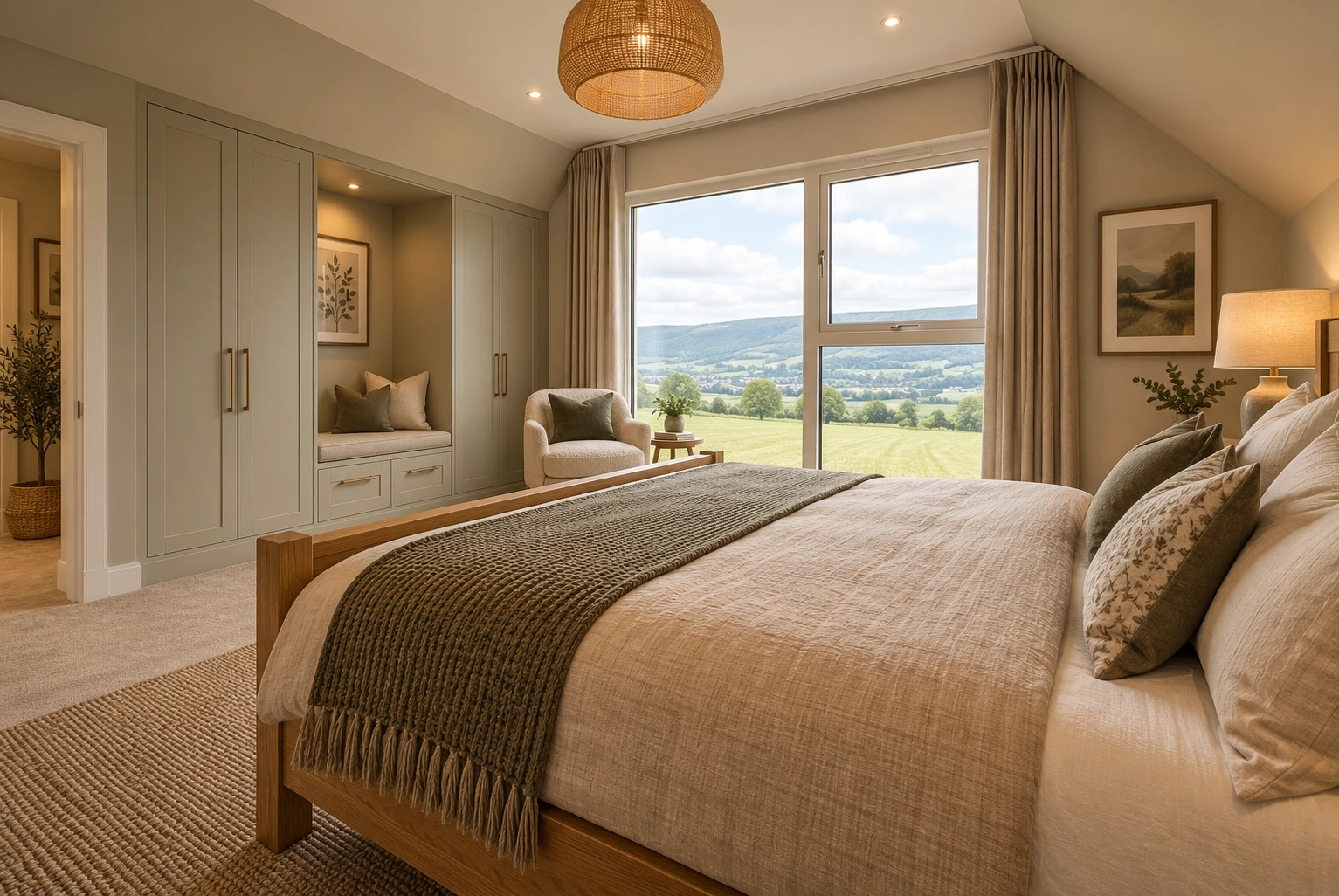 Contemporary bedroom with bespoke built-in wardrobes, upholstered bed, natural textures and views across the countryside