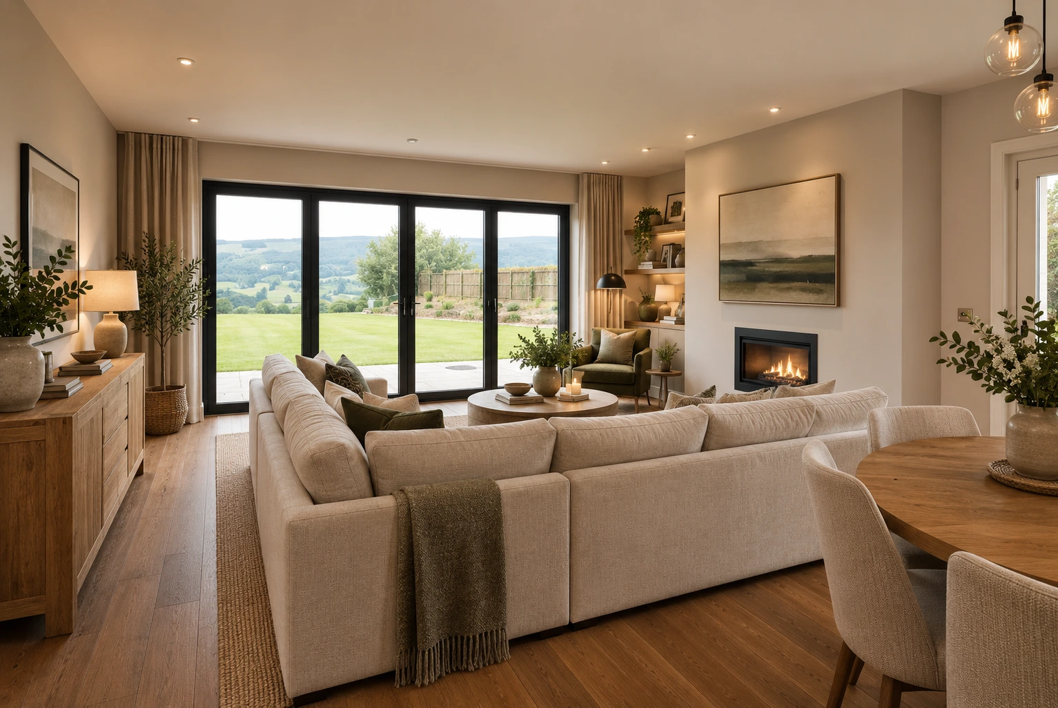 Warm, contemporary open plan kitchen, dining and living space with bespoke furniture, timber flooring, feature lighting and garden views