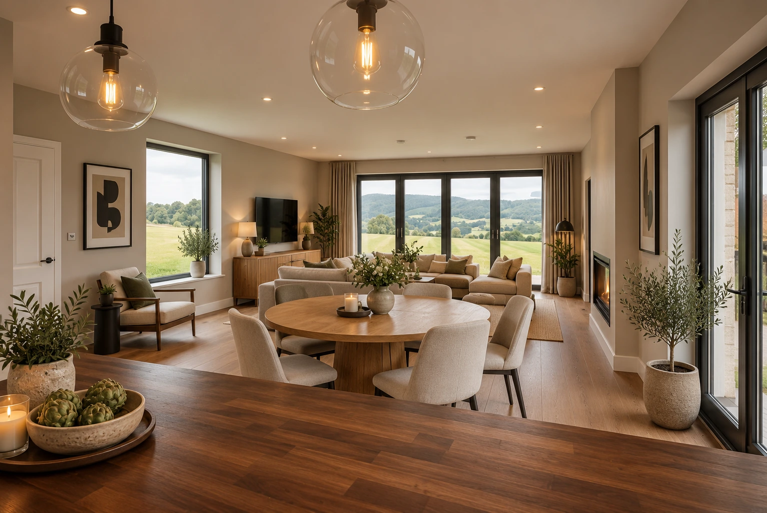 Contemporary open plan living and dining room with large glazed doors, timber flooring, fireplace and views towards the countryside