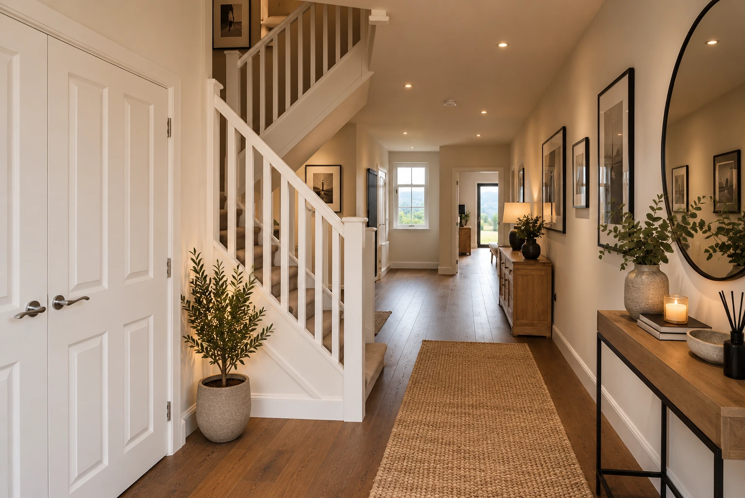 Contemporary hallway with timber flooring, staircase, console furniture, artwork, decorative lighting and natural finishes