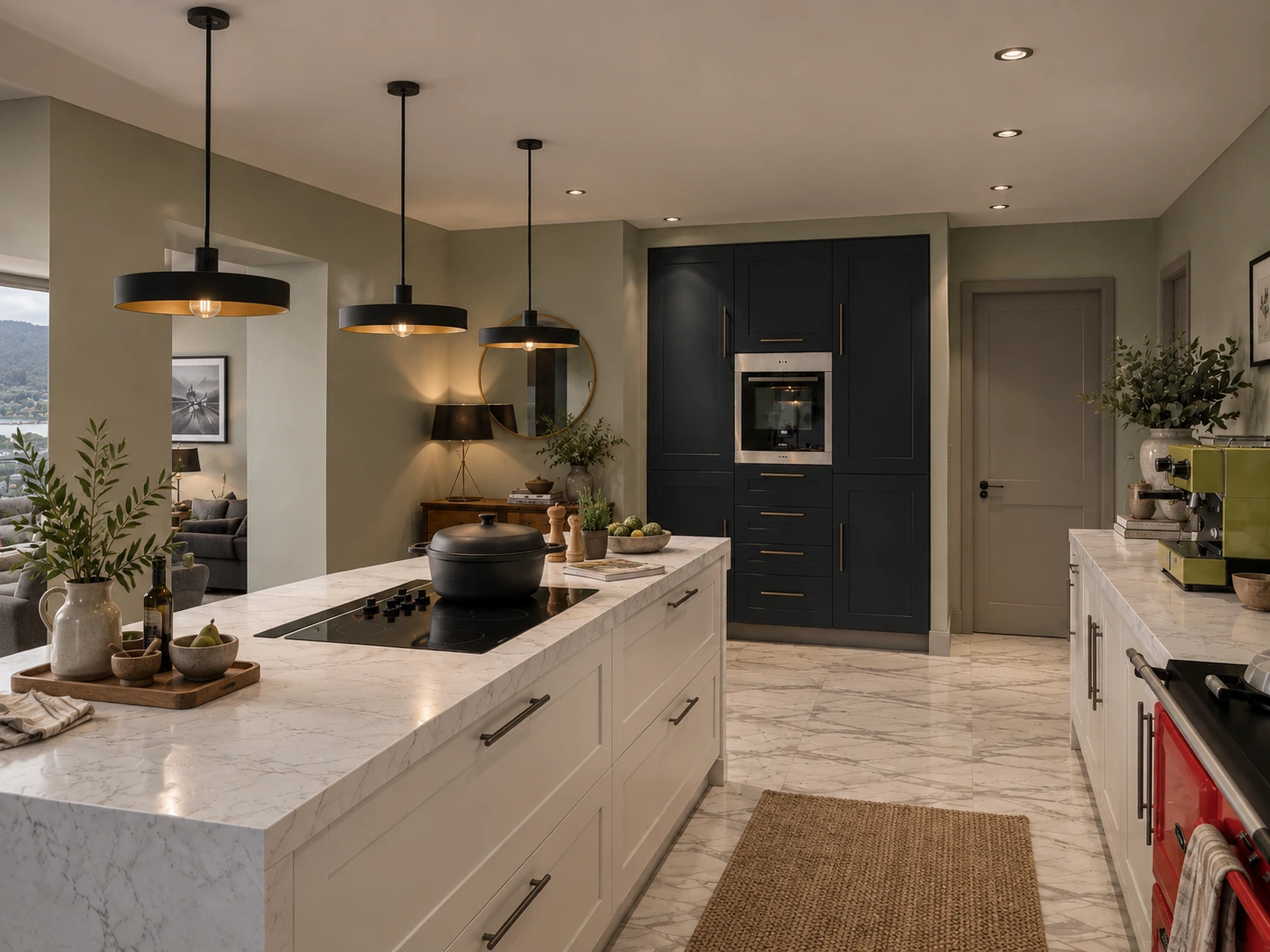 Contemporary kitchen with bespoke cabinetry, marble island, rooflights and views towards the garden