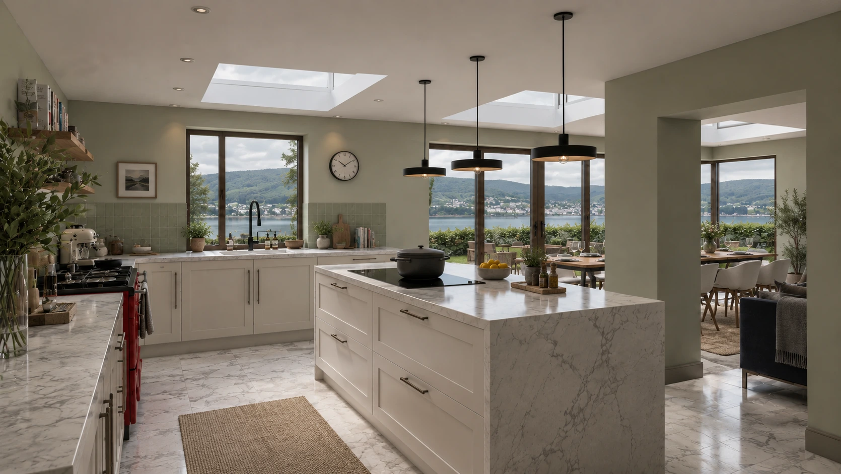 Contemporary kitchen with bespoke cabinetry, marble island, rooflights and views towards the garden