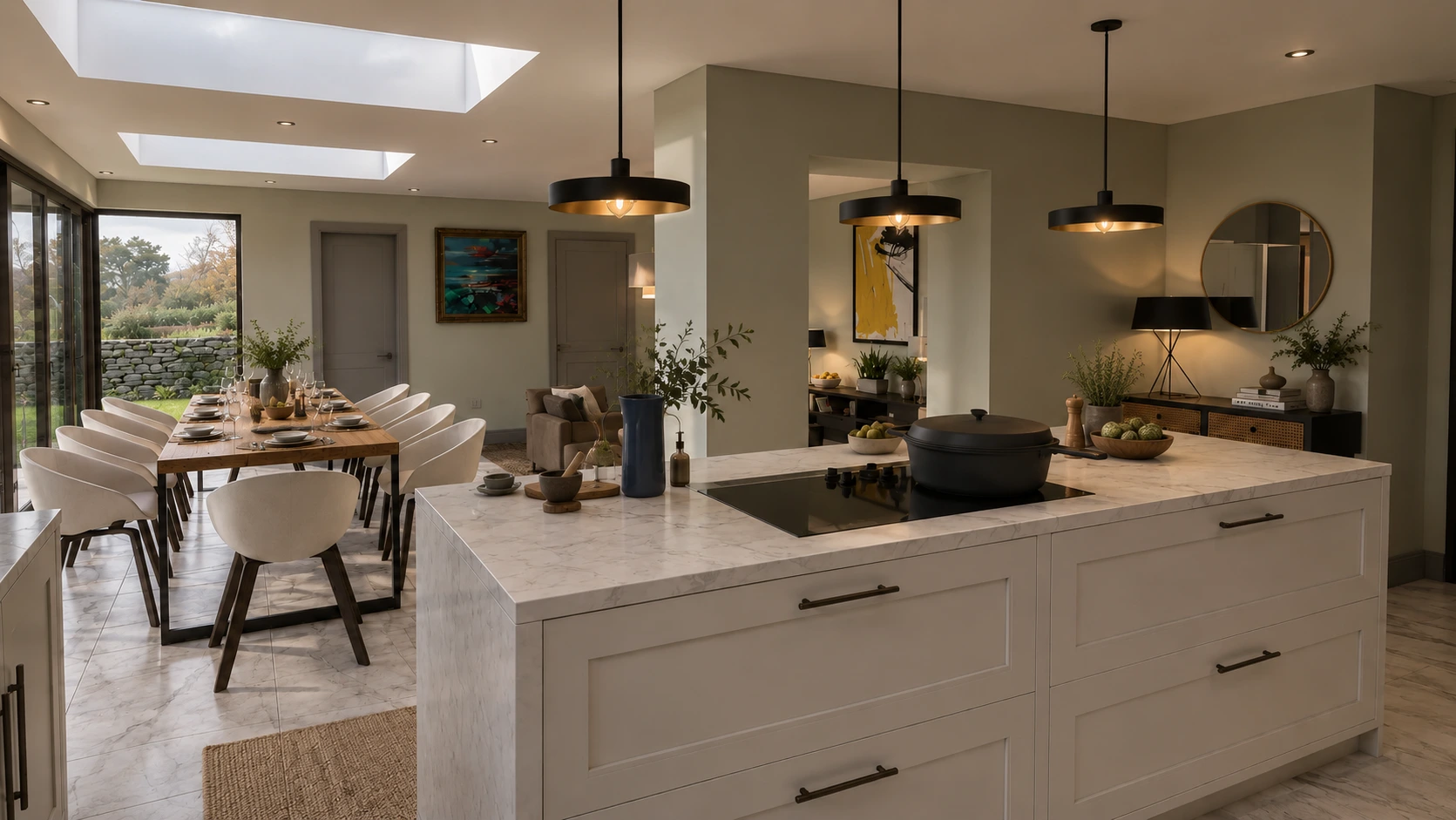 Open-plan kitchen and dining space with rooflights, marble worktops, large island and glazed doors overlooking the garden