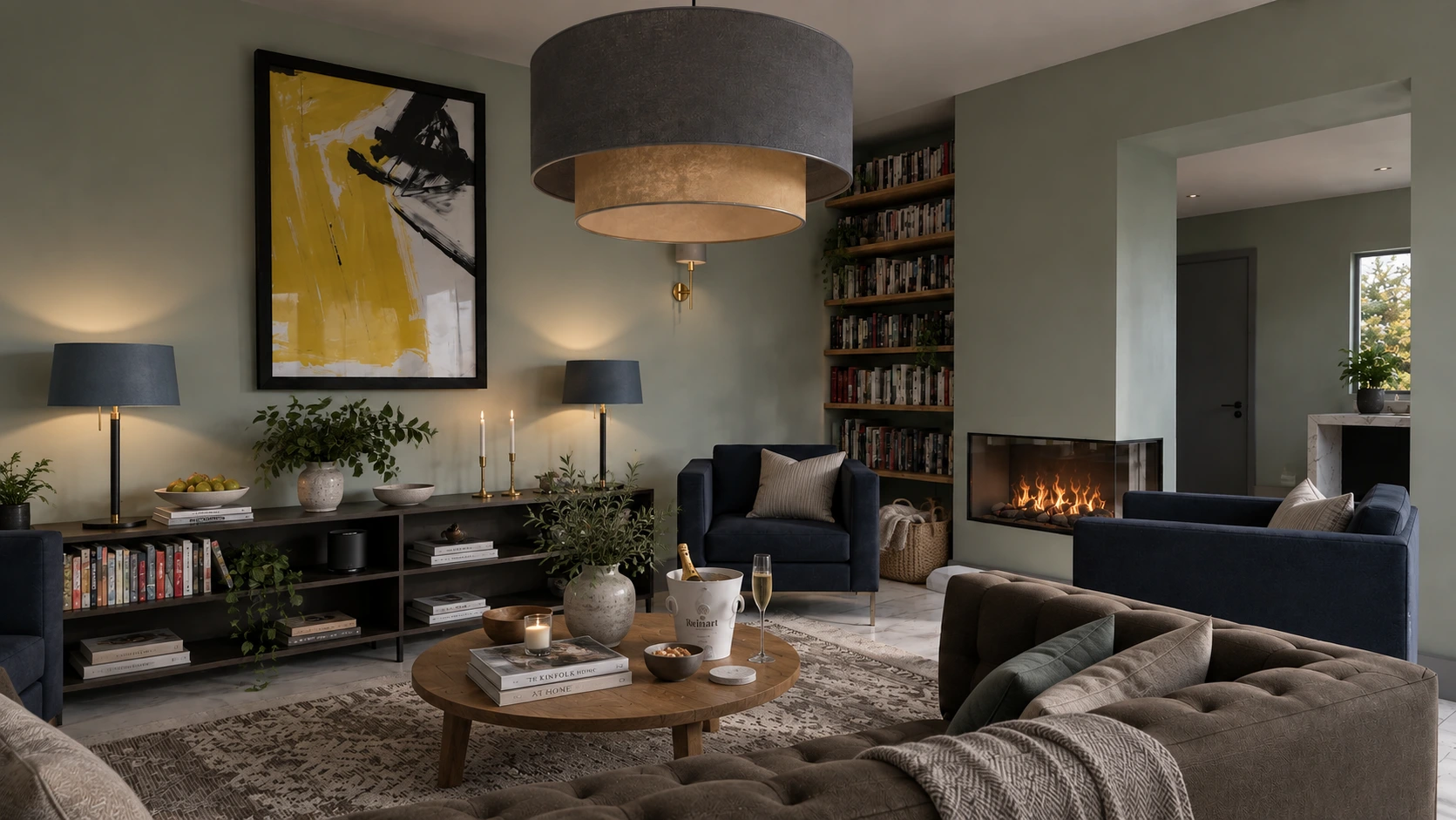 Comfortable family living room with bespoke shelving, fireplace, contemporary furniture and natural daylight