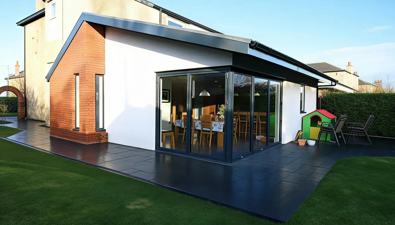 Allison Architects Cambuslang Extension looking at anthracite corner bi-folds and white render