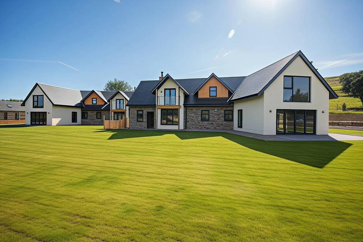 New build country house with natural stone elevations, rendered walls, timber-clad dormer and glazed entrance set within a landscaped rural setting