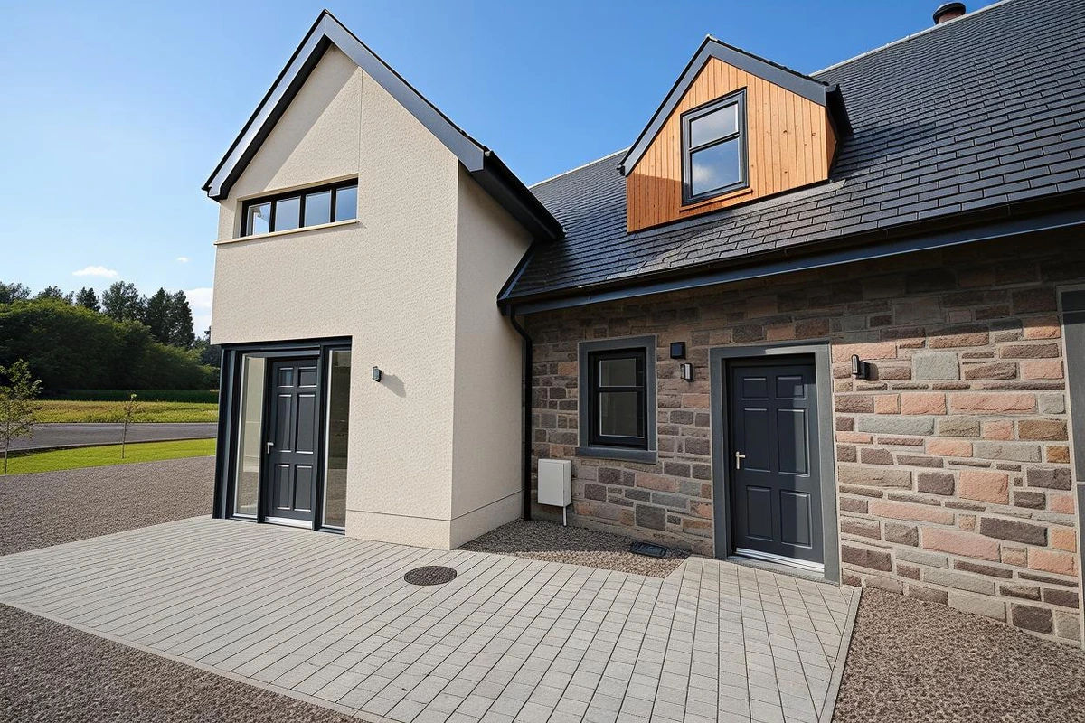 New build country houses featuring natural stone walls, timber-clad dormers, glazed balconies and pitched slate roofs within a rural landscape
