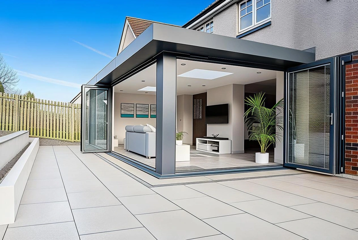 Large aluminium bi-fold doors connecting the extended kitchen and dining space with the garden