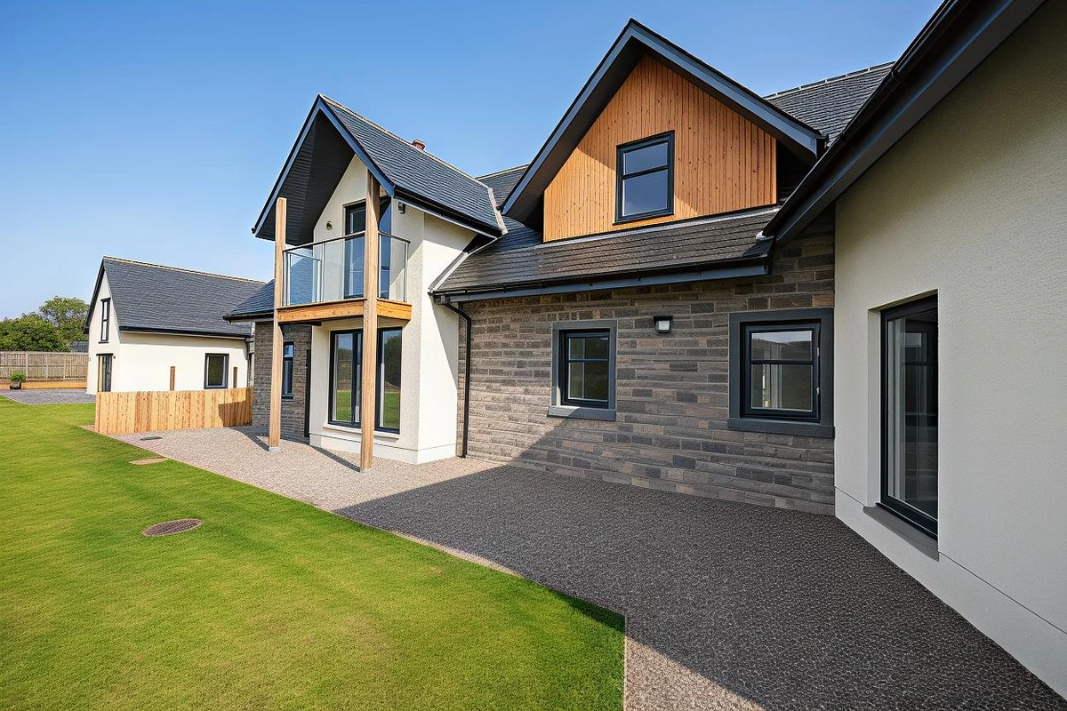 New build residential development of traditional-style country houses with pitched roofs, stone and rendered elevations and expansive landscaped gardens