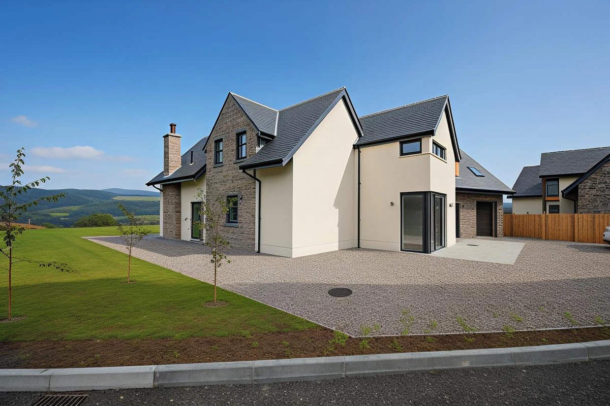 New build country house combining natural stone, rendered walls and pitched slate roofs, set within a landscaped rural site overlooking the Scottish countryside