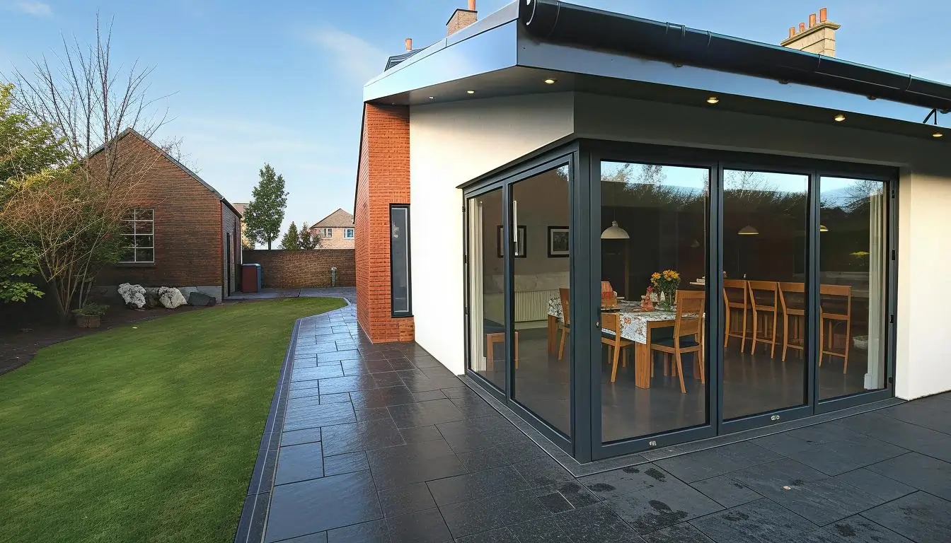 Allison Architects Cambuslang Extension anthracite bi-fold doors white render and red brick