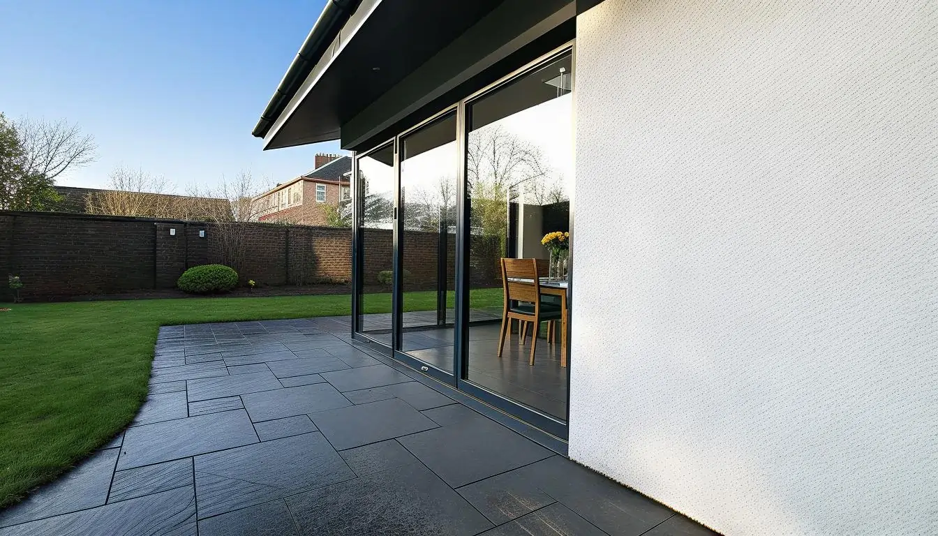 Allison Architects Cambuslang Extension white render and anthracite bi-fold glazing doors