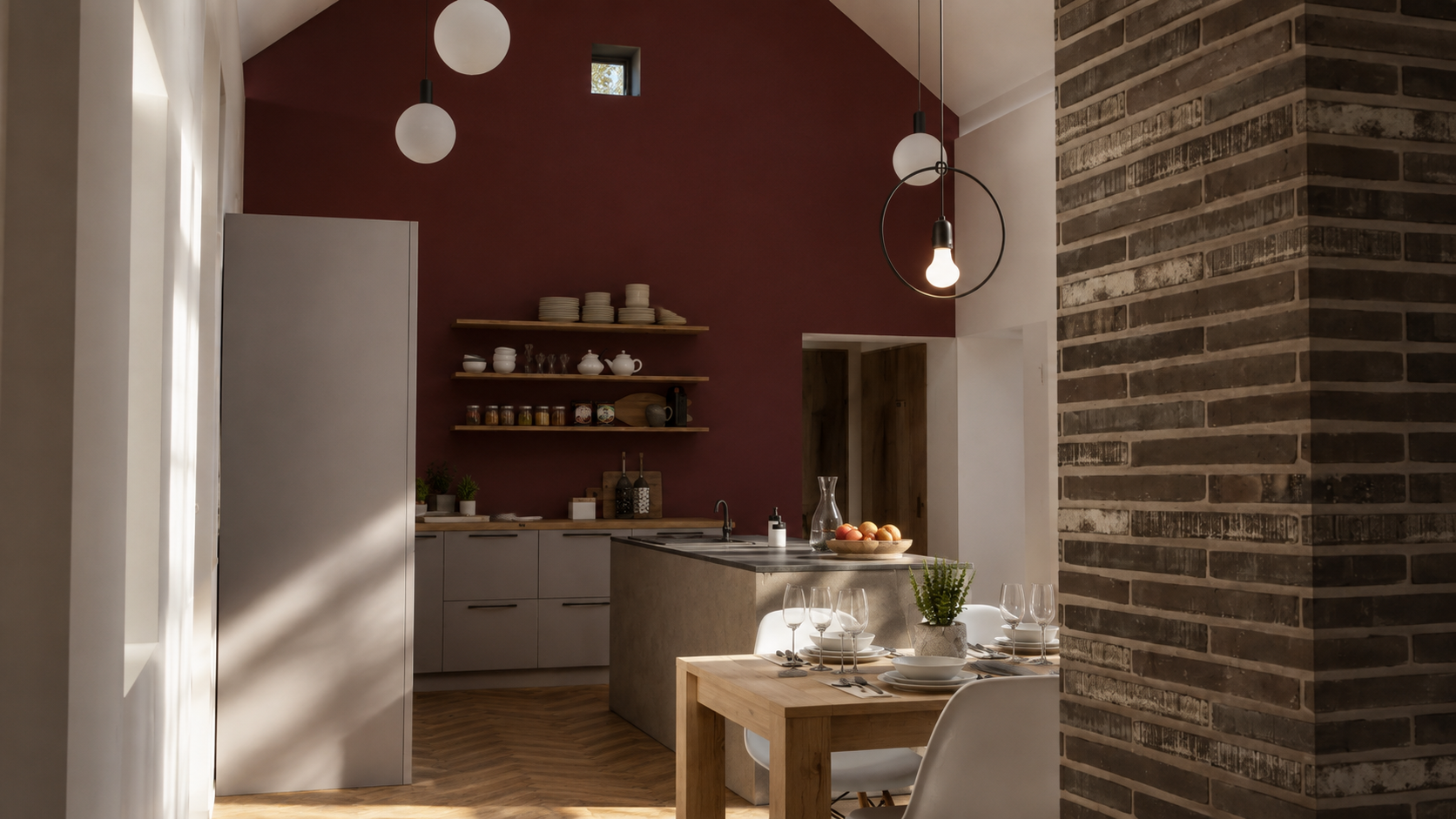 Contemporary kitchen and dining space within a converted stone barn in Helensburgh, with vaulted ceilings and a feature brick wall.
