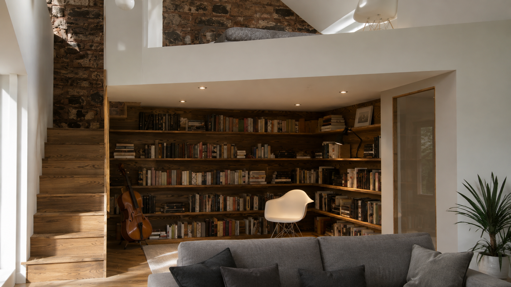 Bespoke timber library and living space within a converted barn in Helensburgh, with exposed stone walls and a mezzanine.