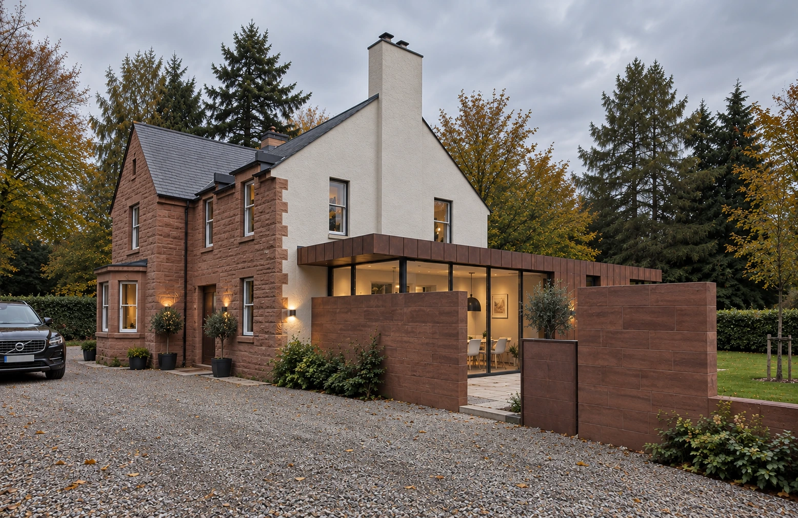 Contemporary Copper Extension to Traditional Stone House