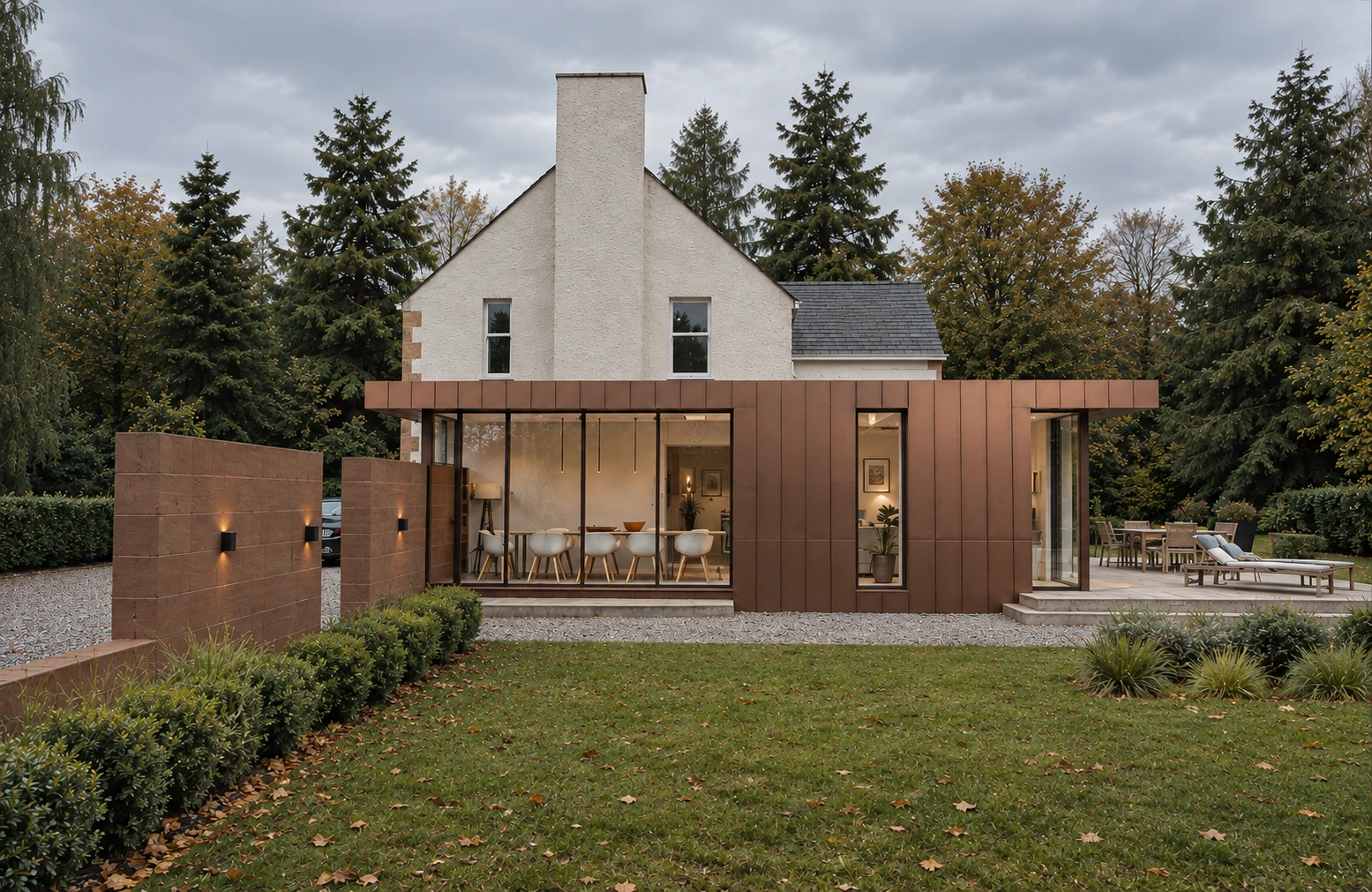Contemporary rear extension with copper cladding, extensive glazing and views across the garden