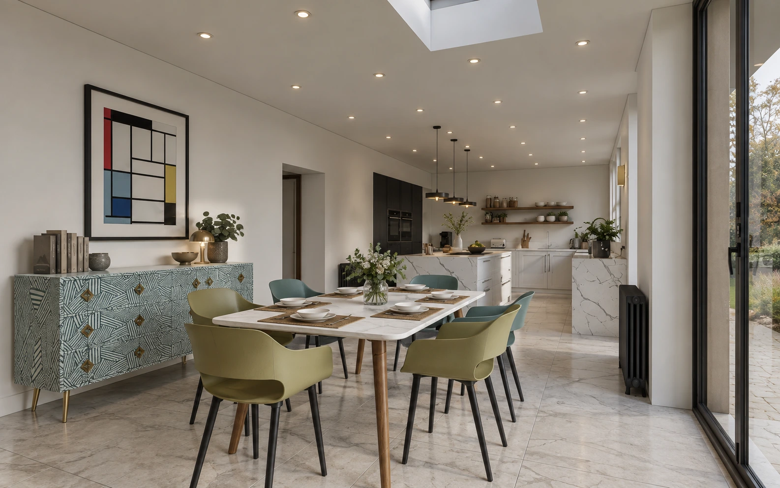 Bright open-plan kitchen and dining space within a contemporary house extensio