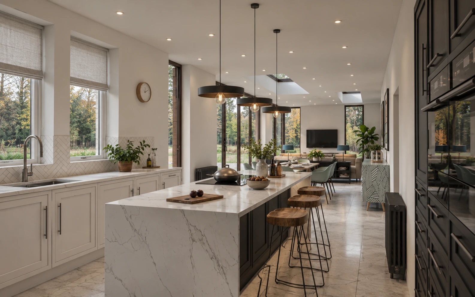 Open-plan kitchen, dining and living area connected by large glazed openings to the garden