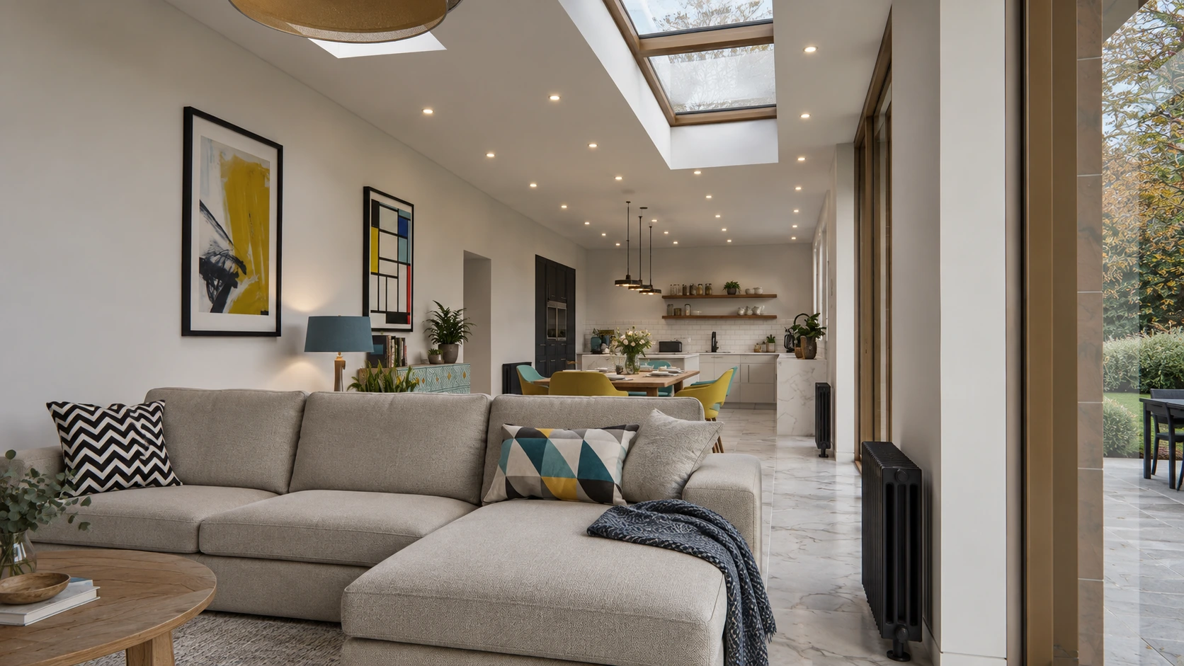 Contemporary kitchen and living space with rooflights, marble island and large windows overlooking the garden