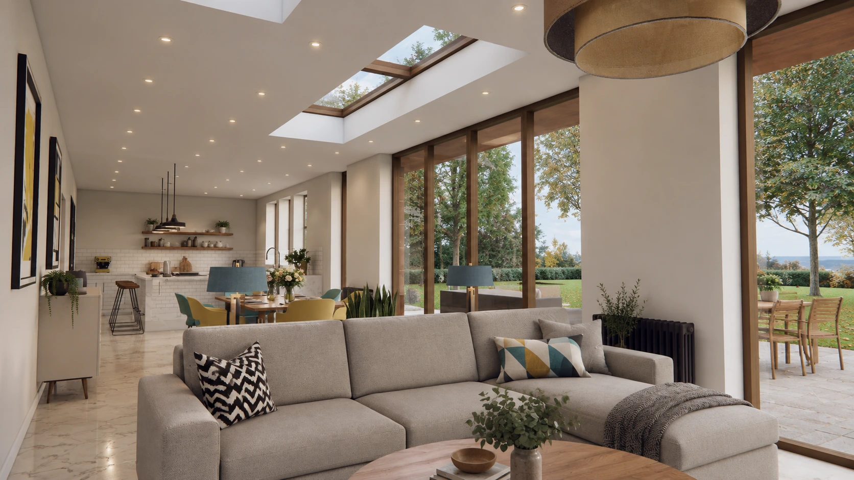 Open-plan family kitchen and living space with rooflights, bespoke cabinetry and garden views