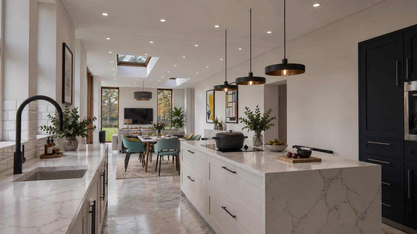 Modern kitchen with white cabinetry, marble worktops, central island and integrated appliances