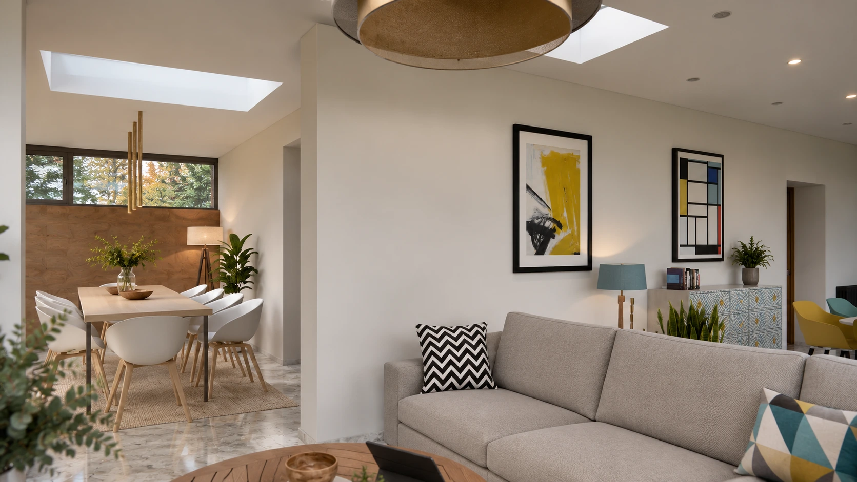 Spacious open-plan kitchen and living room with timber-framed glazing and views into the garden