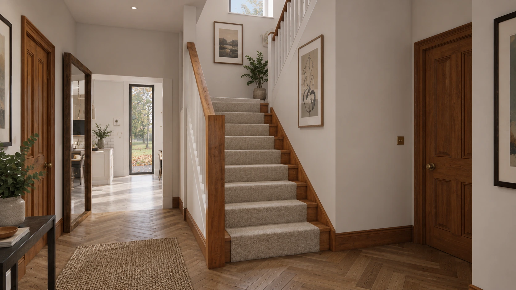 Traditional hallway with oak staircase, timber doors, herringbone flooring and framed artwork